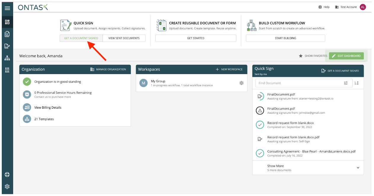 ontask dashboard showing users where to access quick signs