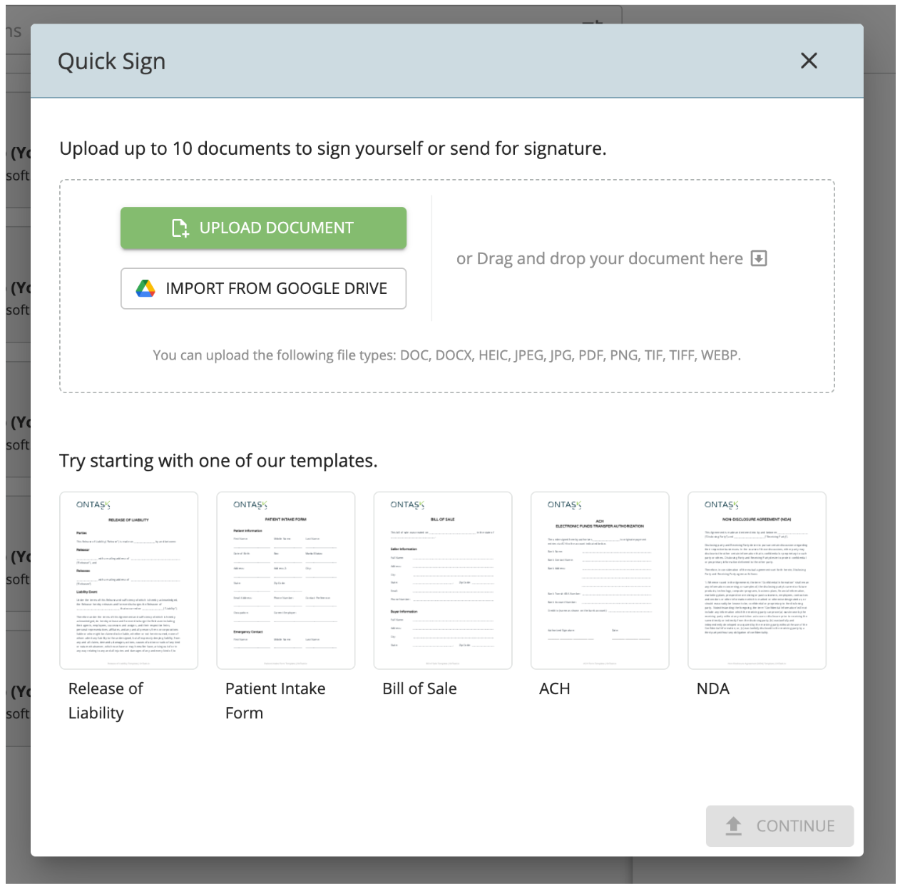 quick sign document uploader with import from google drive option