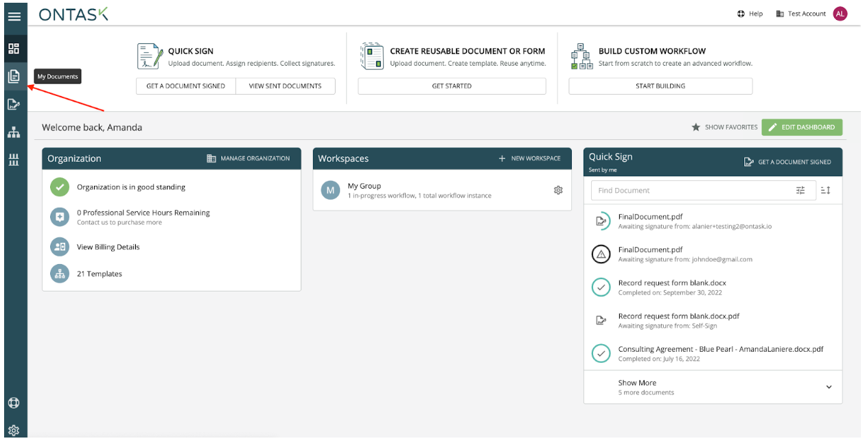 ontask dashboard illustrating where to find the my documents section