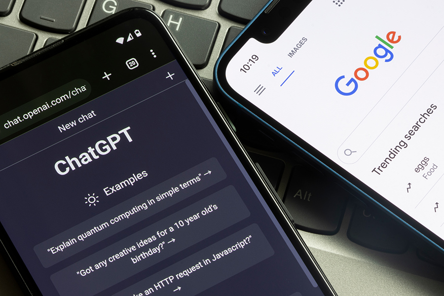 iphones side by side displaying ChatGPT and google search engine
