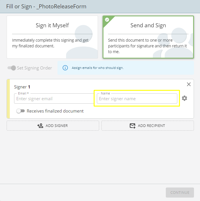 example of where a signer name is placed as part of an esignature workflow in ontask