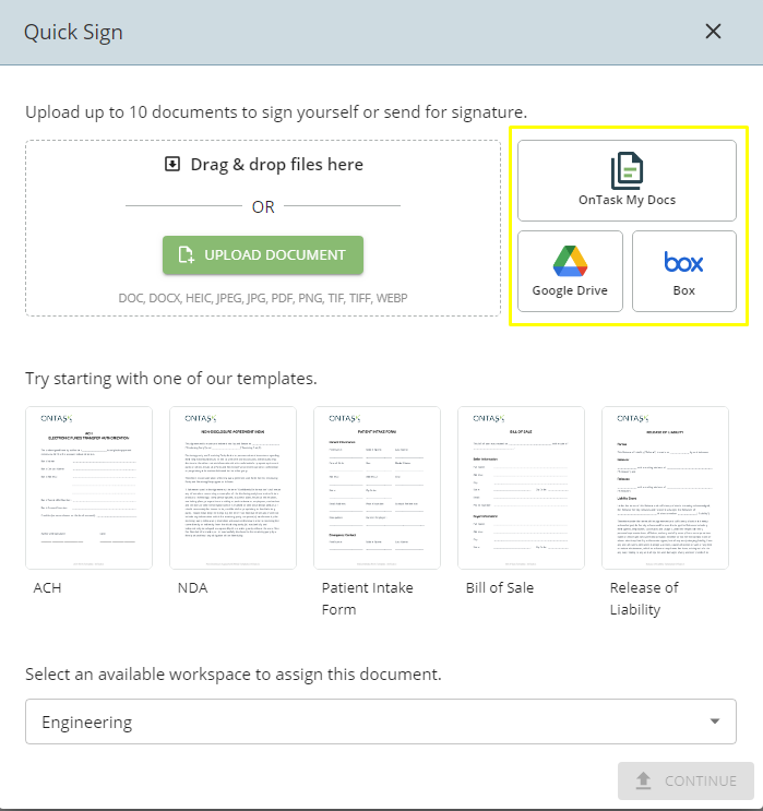 an example of the document uploader showing dropbox and google drive document selection options