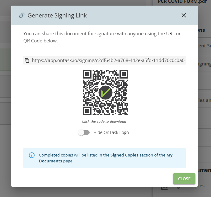 example of a static signing link and qr code for signing in ontask