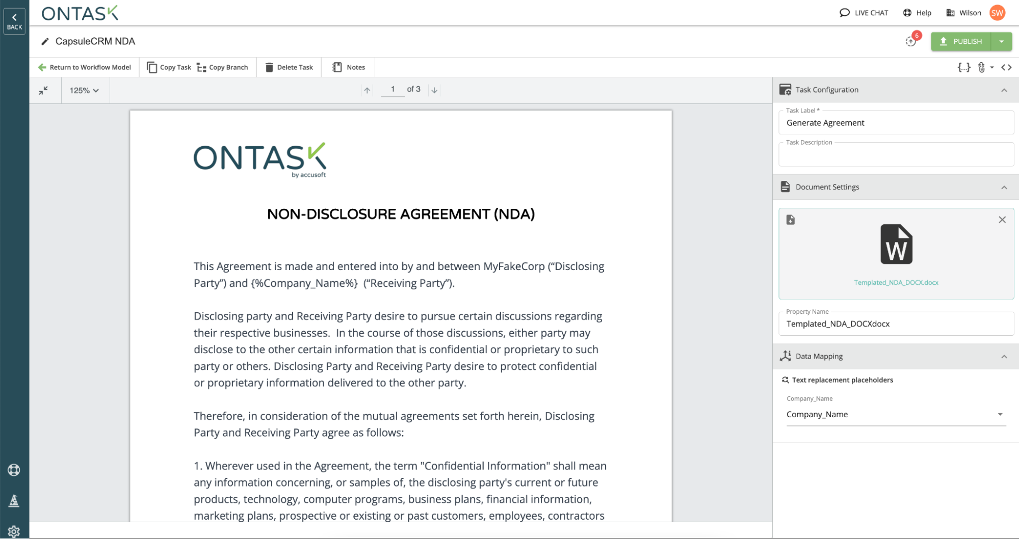 view of nda agreement document in ontask