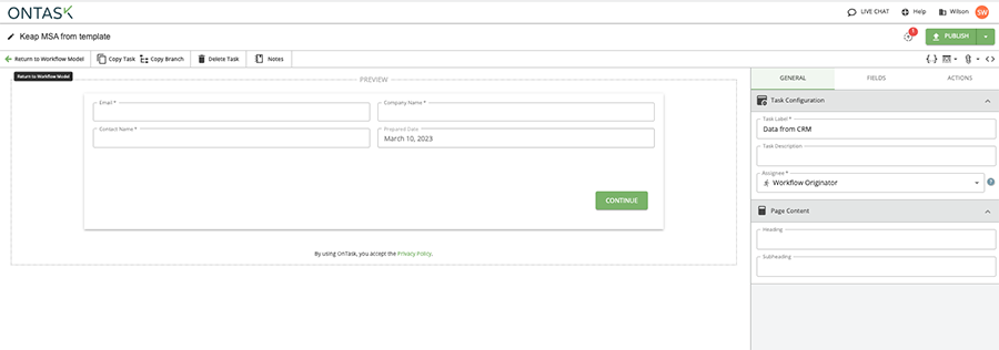 web form task in ontask