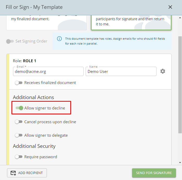 allow signer to decline feature in role assignment of quick sign and my documents