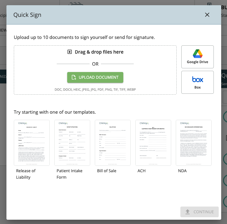 view of import from box in the quick sign uploader