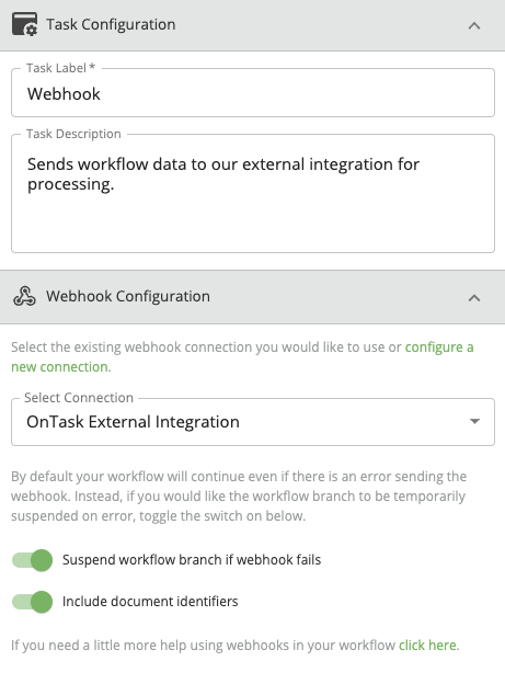 task configuration and label for webhook set up