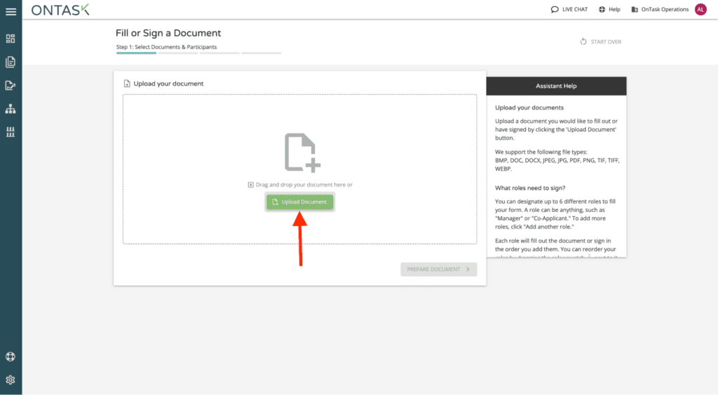 Screenshot with arrow to Upload Document button