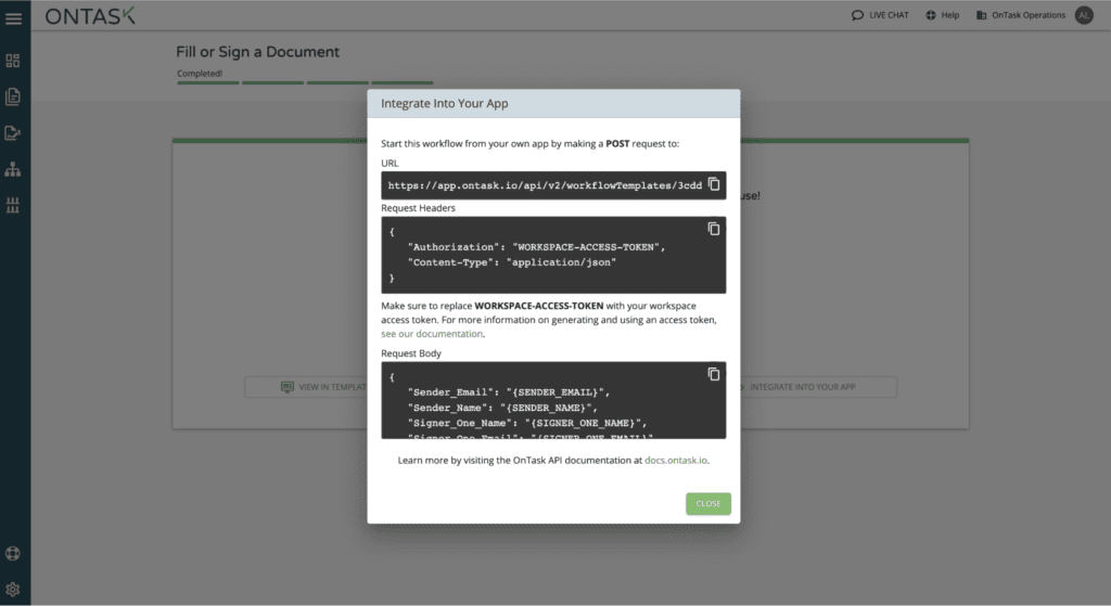 Screenshot of “Integrate into Your App” button to open the code to copy and paste this form into platforms.