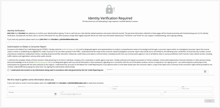 Screenshot of KBA identity verification